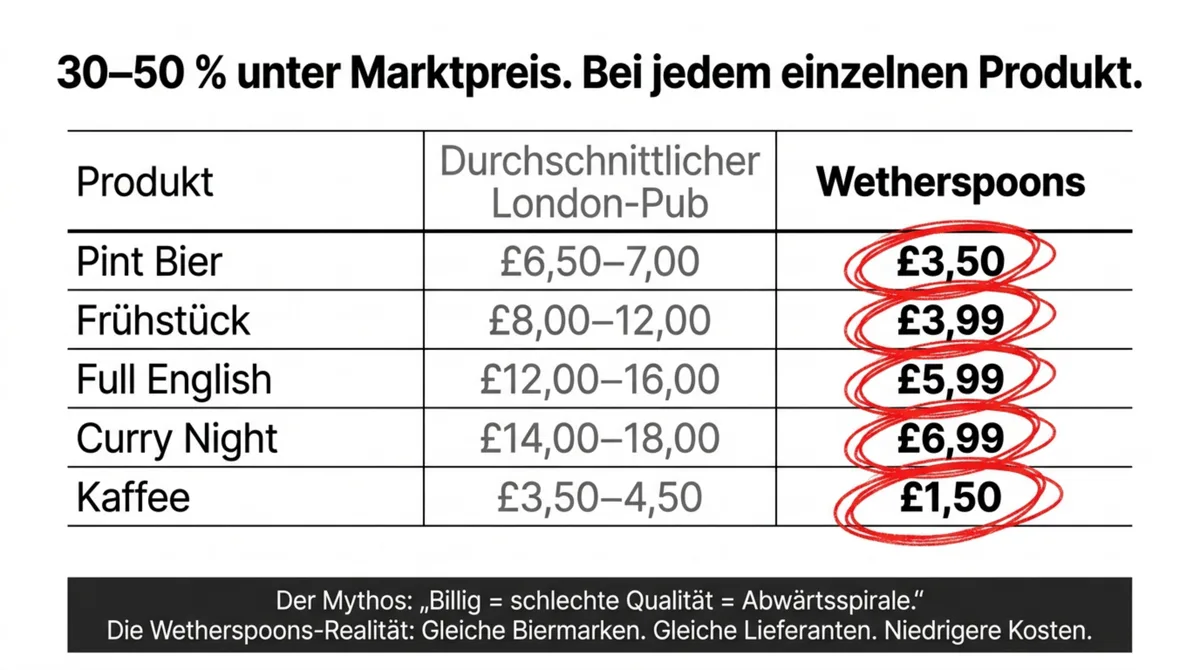 Wetherspoons Preisvergleich London: Pint Bier für £3,50 vs. £6,50–7,00 im normalen Pub – 30 bis 50 Prozent unter Marktpreis