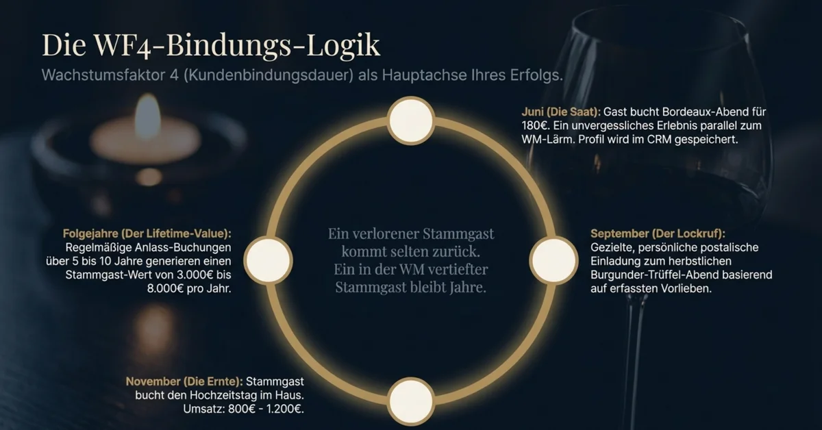 WF4-Kundenbindungsdauer-Kreislauf Fine-Dining: Von Juni Bordeaux-Abend über September-Lockruf zu November-Hochzeitstag – Stammgast-Jahreswert 3.000–8.000 EUR