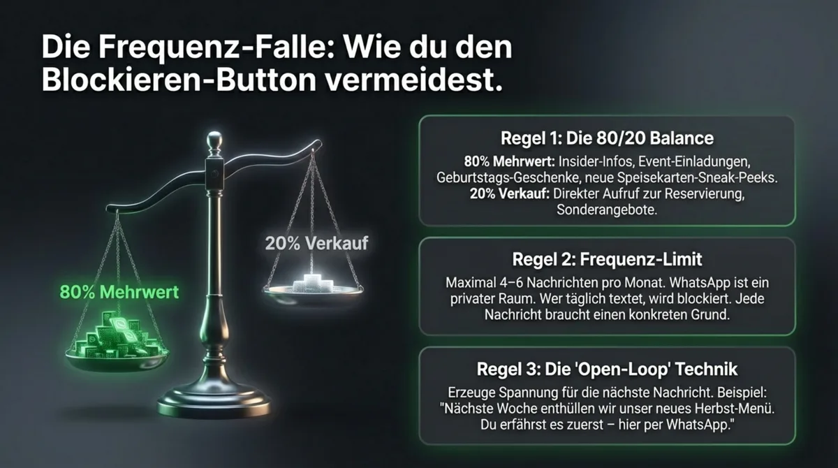 WhatsApp 80/20-Regel für Restaurants – 80% Mehrwert, 20% Verkauf, maximal 4-6 Nachrichten pro Monat