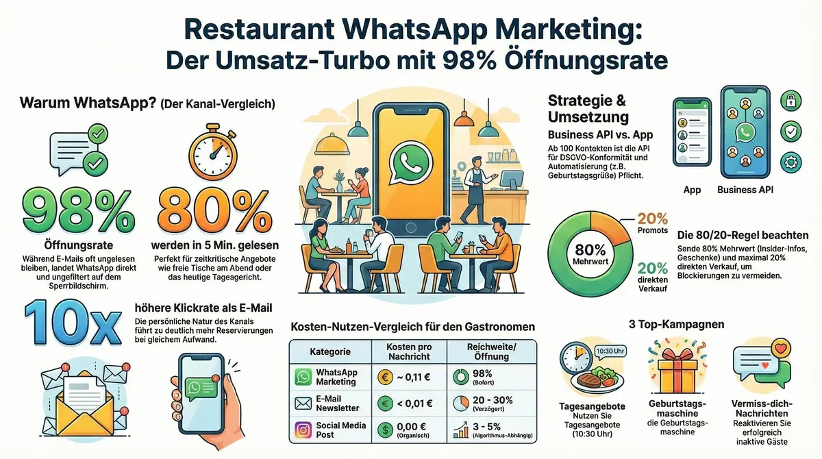 WhatsApp Marketing für Restaurants Infografik – 98% Öffnungsrate, Kanalvergleich und Top-Kampagnen