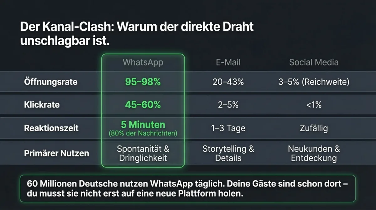 WhatsApp vs E-Mail vs Social Media – Öffnungsrate, Klickrate und Reaktionszeit im Vergleich