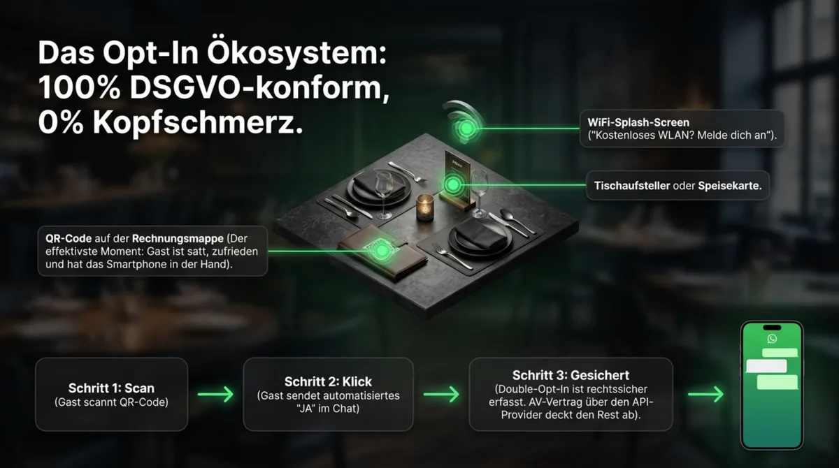 DSGVO-konformes WhatsApp Opt-In System für Restaurants – QR-Code, WiFi-Splash, Tischaufsteller