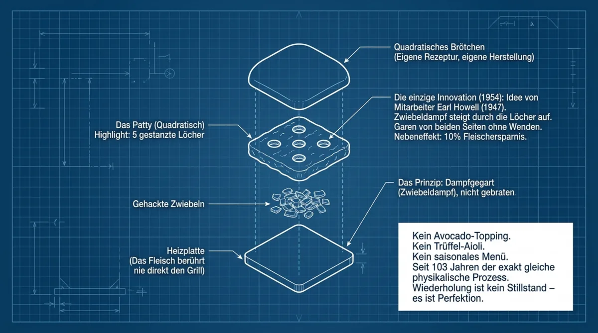 White Castle Slider Blueprint: Quadratisches Patty, dampfgegart auf Zwiebeln, 5 gestanzte Löcher – seit 103 Jahren unverändert