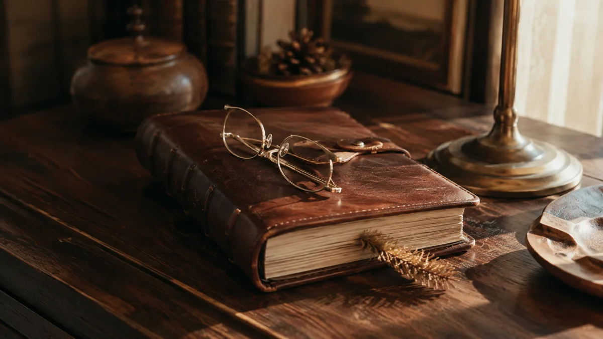Geschlossene Lederchronik und Lesebrille auf Walnussholz symbolisieren Antworten auf häufige Fragen zu Wienerwald