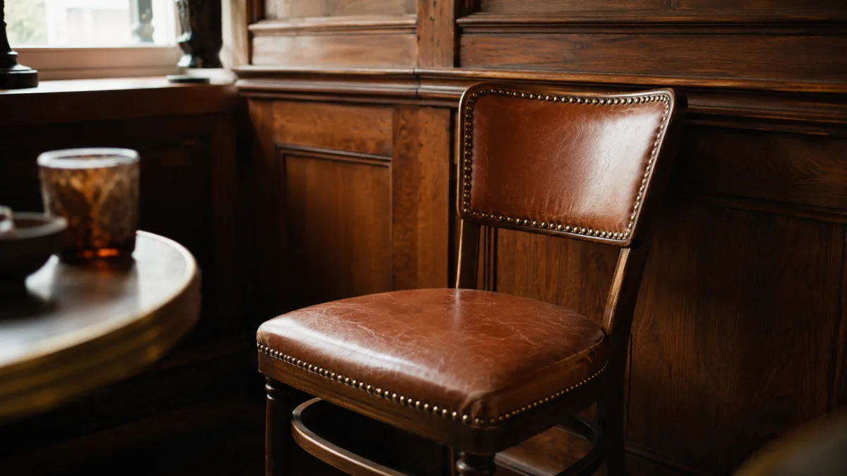 Leerer Bistro-Lederstuhl an Eichenwand symbolisiert die offene Frage der Stammgast-Frequenz nach dem Erstbesuch