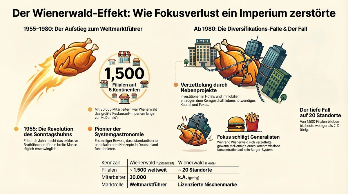 Der Wienerwald-Effekt: Wie Fokusverlust ein Imperium zerstörte – Aufstieg 1955 bis 1980, Diversifikations-Falle, Fall auf 20 Standorte