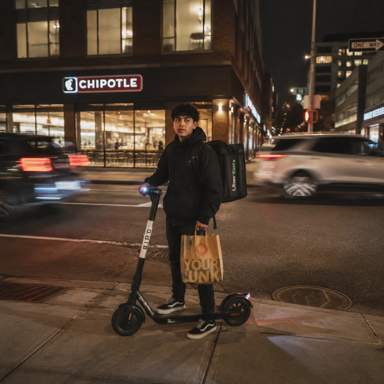 Cinematic-Aufnahme eines Delivery-Kuriers auf E-Scooter mit Food-Tasche vor amerikanischer urbaner Storefront bei Nacht, Bewegungsunschärfe im Verkehr, dokumentarischer Stil