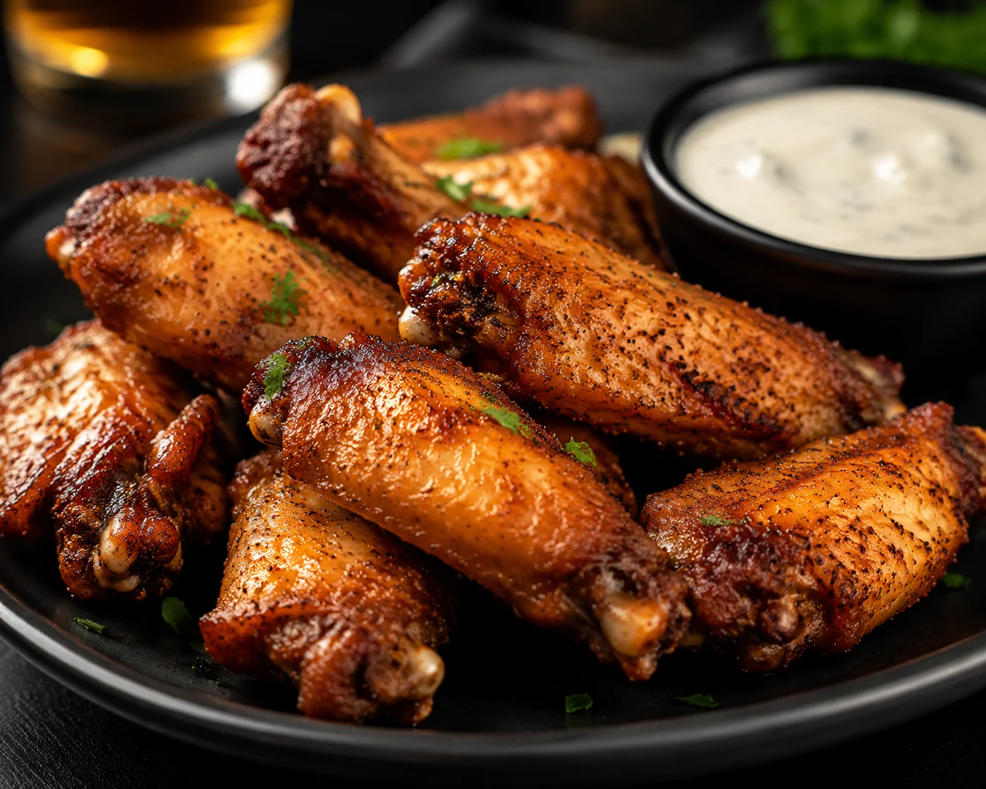 Makro-Aufnahme knuspriger gewürzter Chicken-Wings auf schwarzem Teller mit Saucen-Dipping-Schale, professionelle Food-Photography, flache Schärfentiefe