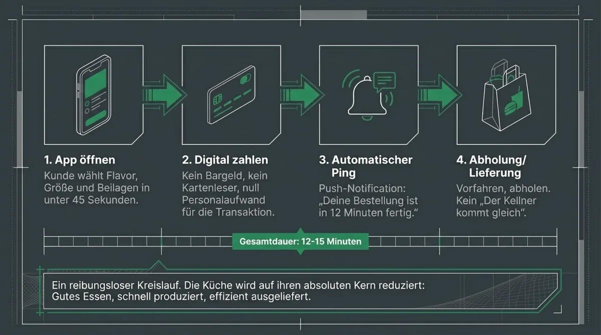 Wingstop Bestellprozess: App öffnen, digital zahlen, Push-Notification, Abholung in 12 bis 15 Minuten