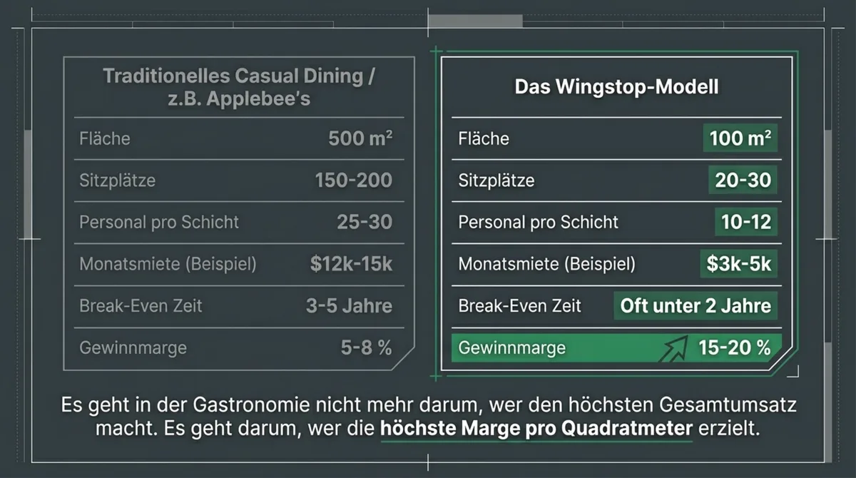 Wingstop vs Casual Dining Kennzahlen: Gewinnmarge 15 bis 20 Prozent vs. 5 bis 8 Prozent, Break-Even unter 2 Jahre