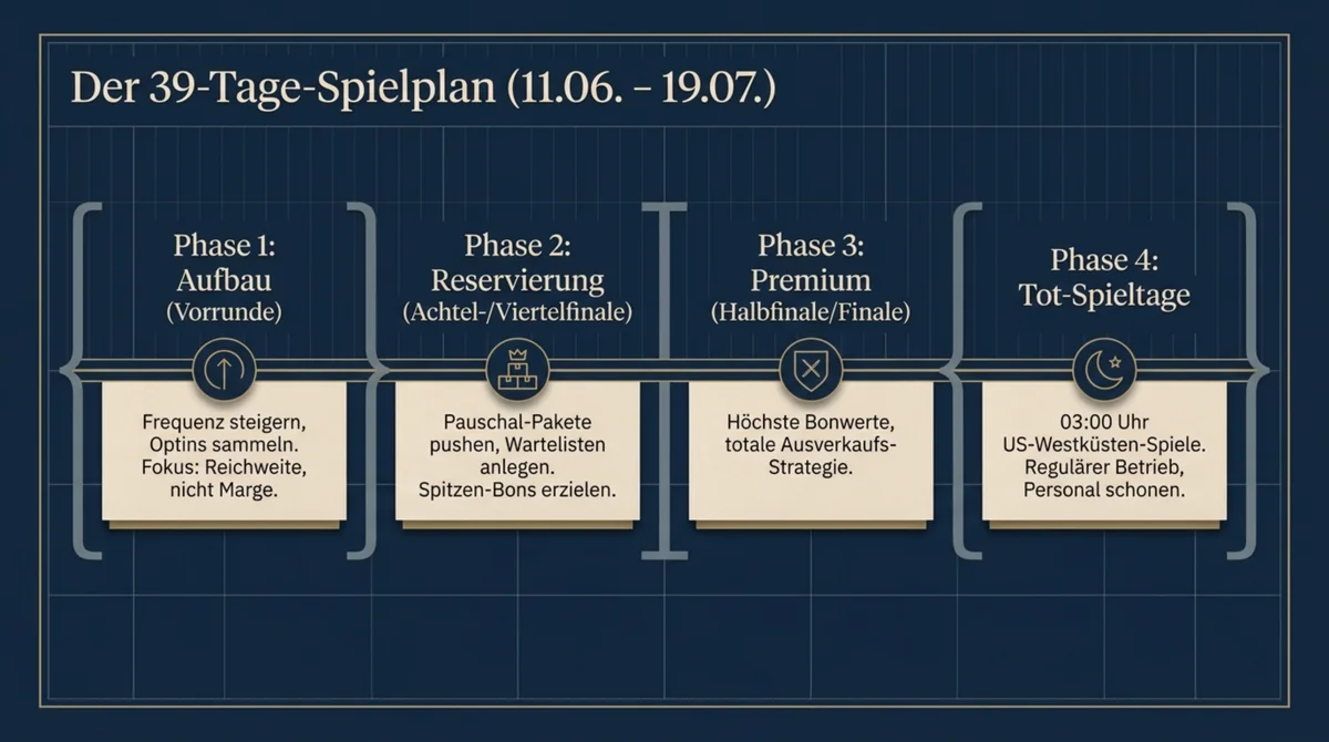 WM 2026 39-Tage-Spielplan für Restaurants: Phase 1 Aufbau, Phase 2 Reservierung, Phase 3 Premium, Phase 4 Tot-Spieltage