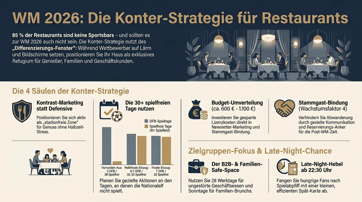 Infografik 4-Säulen WM 2026 Konter-Strategie: Budget-Umverteilung 600 bis 1100 Euro, B2B- und Familien-Segmente, Late-Night-Hebel ab 22:30 Uhr