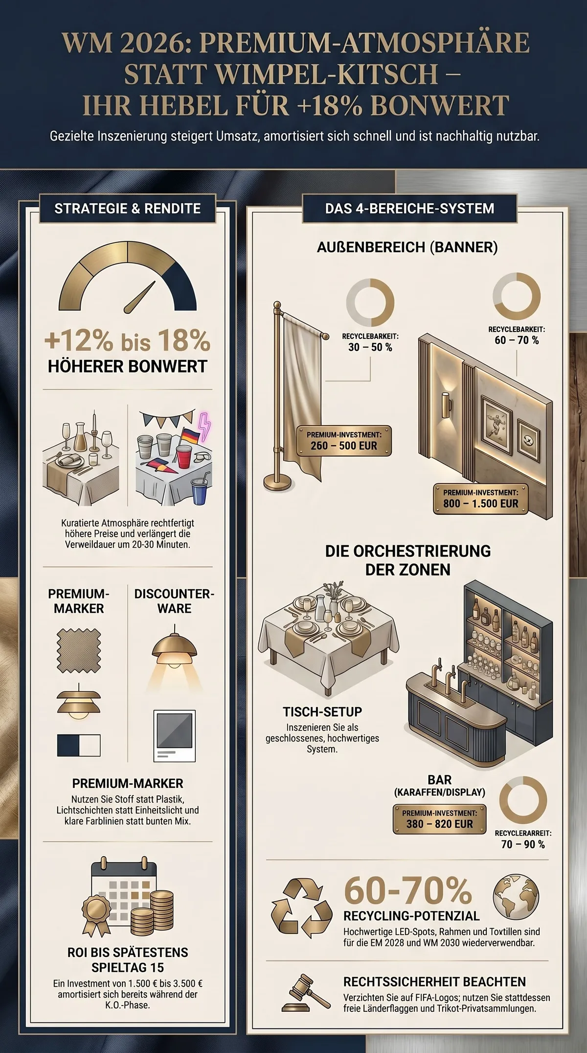 WM 2026 Premium-Atmosphäre statt Wimpel-Kitsch: Bonwert-Hebel, 4-Bereiche-Modell und Recyclebarkeit als Übersicht-Infografik