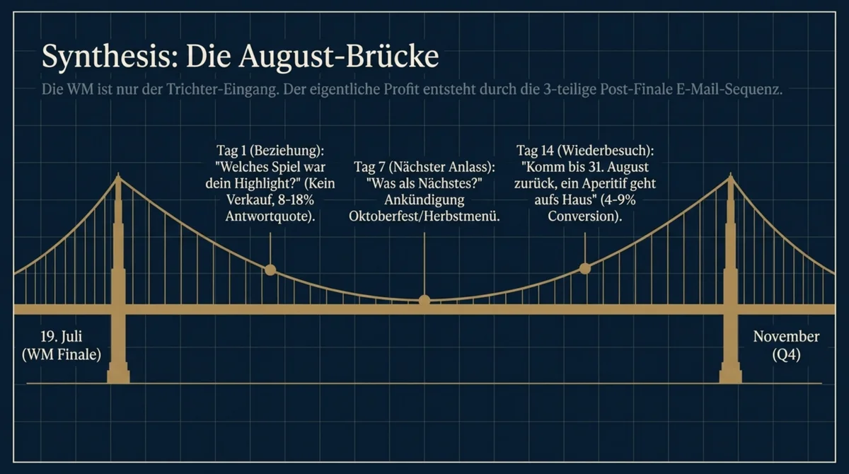 WM 2026 August-Brücke: 3-teilige Post-Finale E-Mail-Sequenz verbindet WM-Walk-Ins im Juli mit Q4-Stammgästen im November