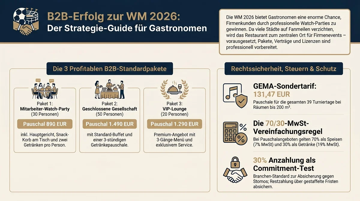 WM 2026 B2B-Strategie-Guide – drei Pakete, GEMA, MwSt-Regel und Storno-Schutz im Überblick