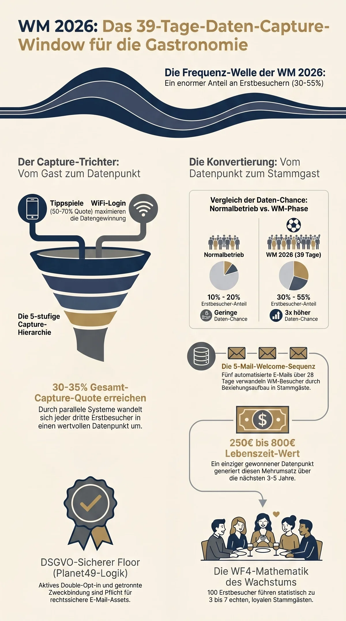 Infografik WM 2026 Daten-Capture-Window: 5-stufige Capture-Hierarchie, 5-Mail-Welcome-Sequenz, WF4-Mathematik und DSGVO-Sicherheitsfloor auf einen Blick