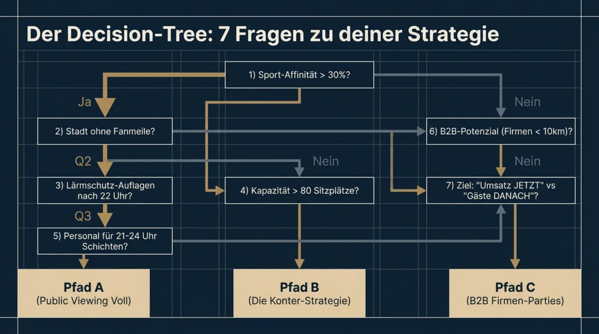 WM 2026 Decision-Tree für Restaurants: 7 Fragen führen zu Pfad A Public Viewing, Pfad B Konter-Strategie oder Pfad C B2B Firmen-Watch-Parties