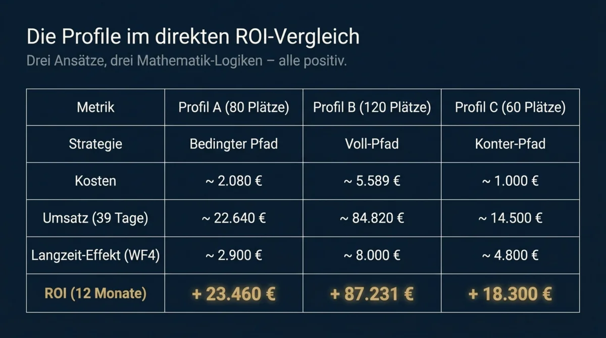 Drei Restaurantprofile im direkten ROI-Vergleich: Profil A 23.460 Euro, Profil B 87.231 Euro, Profil C 18.300 Euro positiver Beitrag auf 12-Monats-Sicht