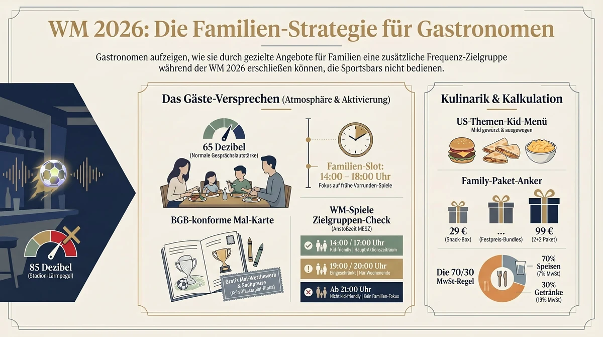 WM 2026 Familienstrategie für Gastronomen Infografik – Gästeversprechen Kulinarik und Kalkulation im strukturierten Überblick