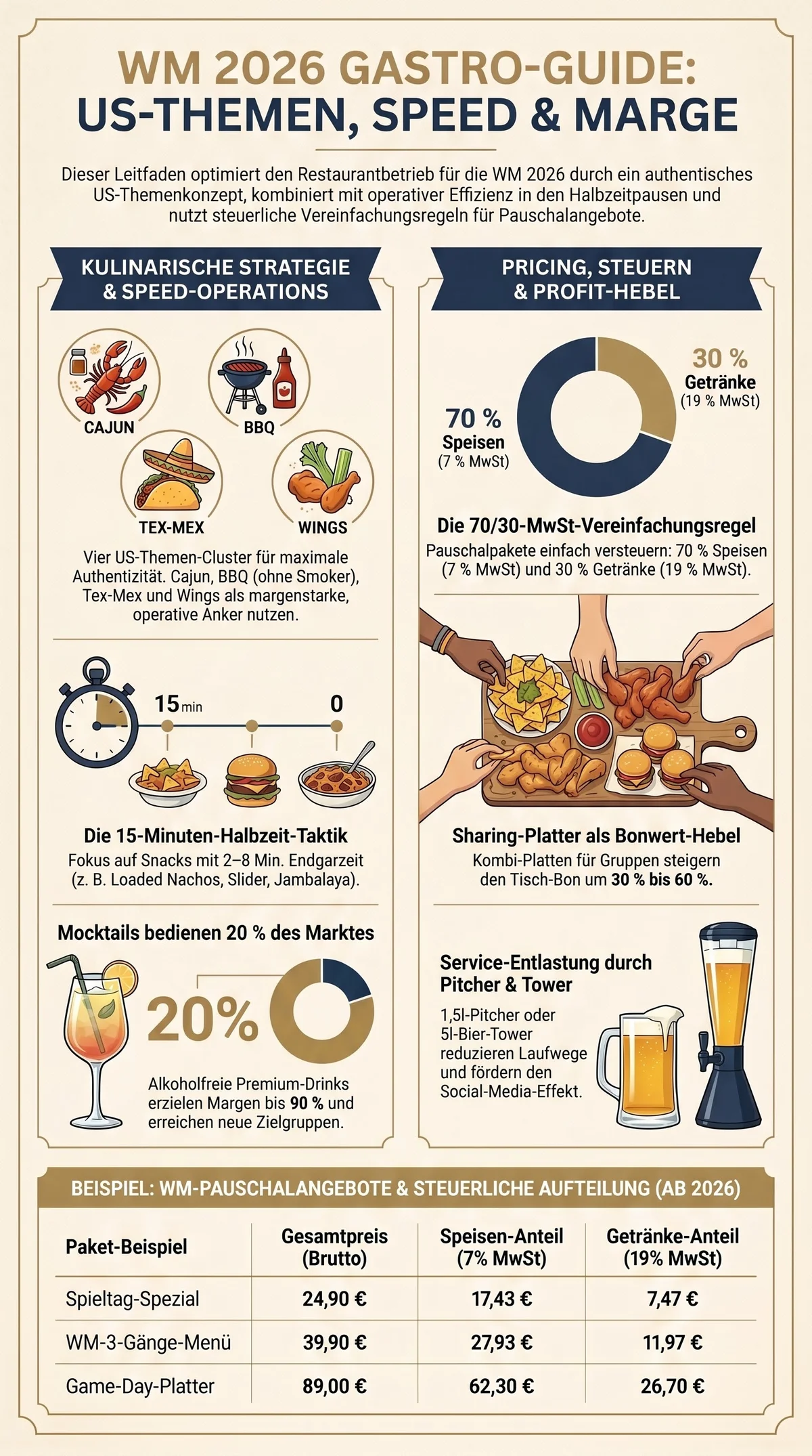 WM 2026 Gastro-Guide Infografik: US-Themen-Cluster Cajun BBQ Tex-Mex Wings, 70/30-MwSt-Tabelle, Sharing-Platter Pauschalpreise