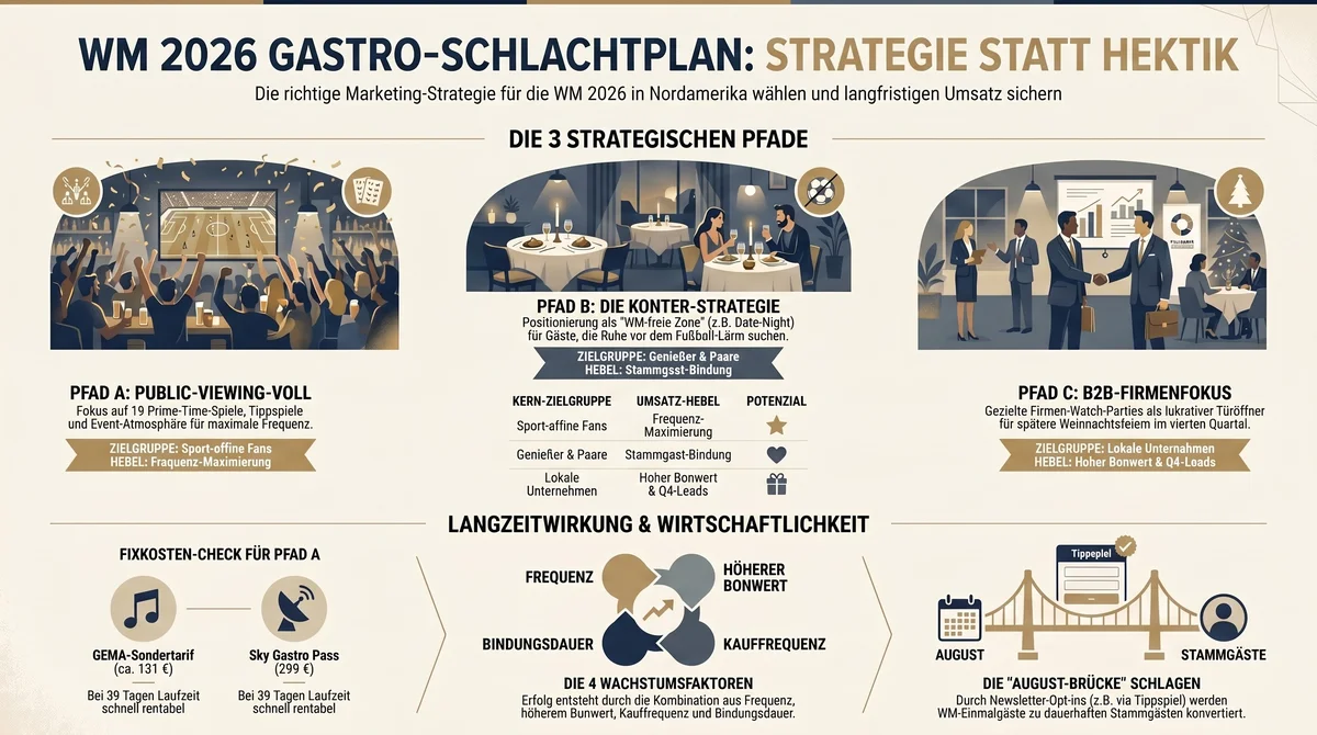 WM 2026 Gastro-Strategie statt Hektik: Pfad A Public Viewing, Pfad B Konter-Strategie, Pfad C B2B-Firmenfokus im Überblick