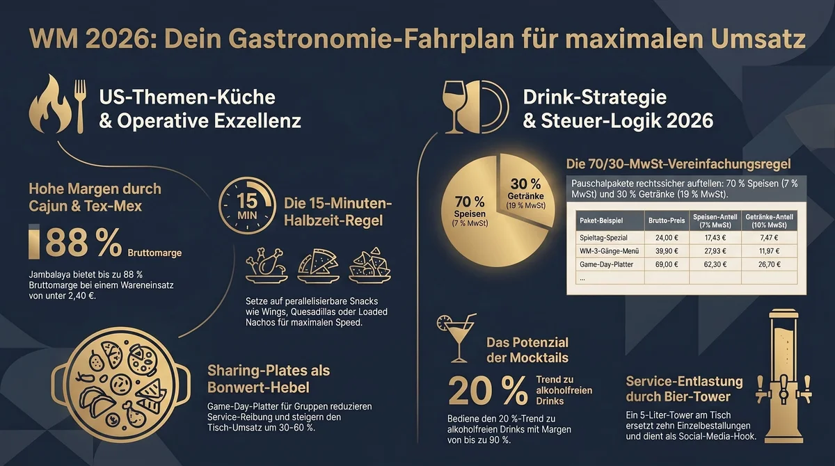 WM 2026 Restaurant-Fahrplan Infografik: US-Themen-Küche, Drink-Strategie und 70/30-MwSt-Vereinfachungsregel im Überblick