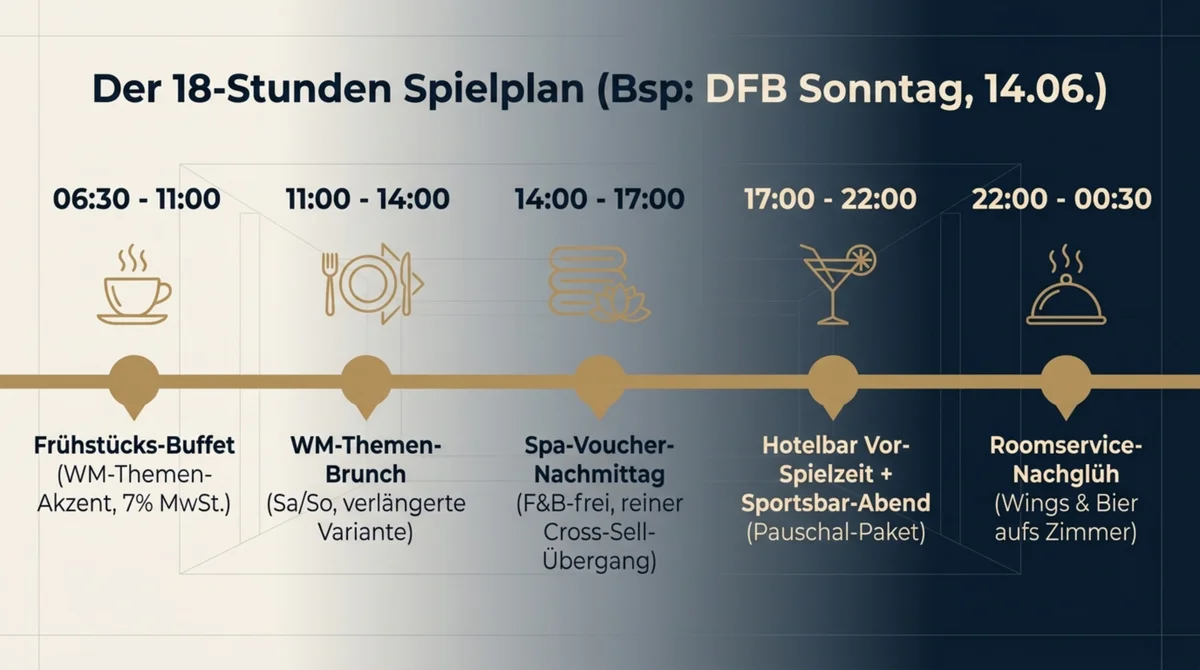 WM 2026 Hotel-F&B: 18-Stunden-Spielplan vom Frühstücks-Buffet 06:30 über Sportsbar 17:00 bis Roomservice-Nachglüh 00:30 am DFB-Spieltag
