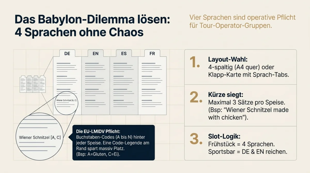 WM 2026 Hotel-F&B-Karte in vier Sprachen DE/EN/ES/FR mit LMIDV-Allergen-Codes – das Babylon-Dilemma operativ gelöst
