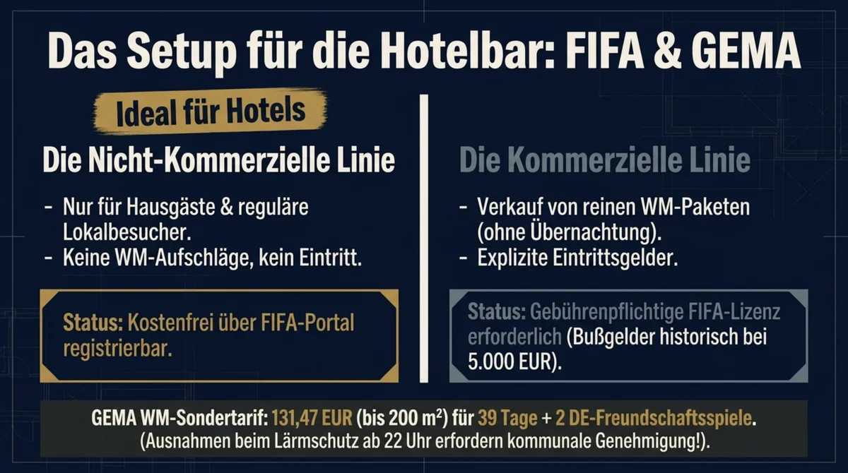 WM 2026 Hotel-Public-Viewing: FIFA nicht-kommerziell vs. kommerziell, GEMA-Sondertarif 131,47 EUR für Flächen bis 200 m² über 39 Tage