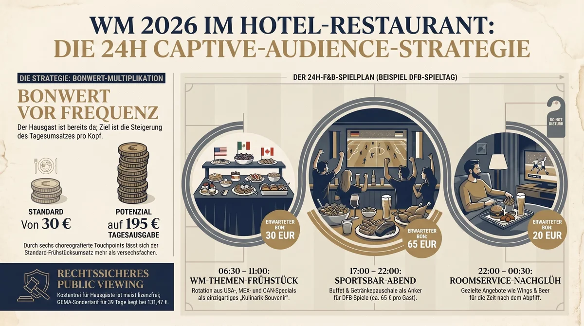WM 2026 Hotel-Restaurant: Cross-Sell-Multiplier – Bonwert-Multiplikation 30 EUR Frühstück zu 195 EUR Tagesausgabe über sechs F&B-Touchpoints