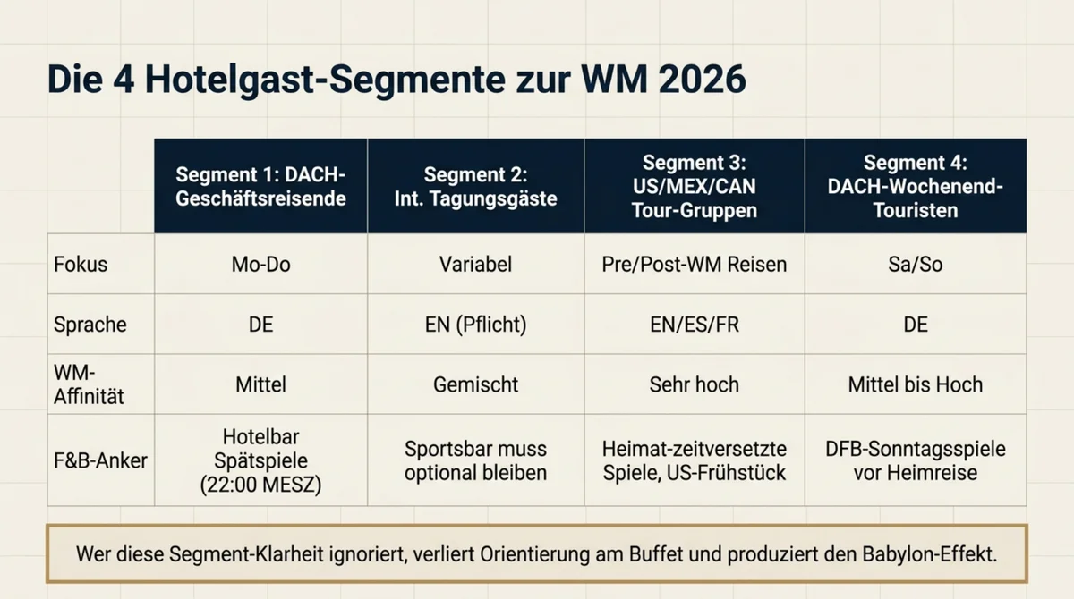 WM 2026: Die vier Hotelgast-Segmente – DACH-Geschäftsreisende, internationale Tagungsgäste, US/MEX/CAN-Tour-Gruppen und DACH-Stadtwochenende