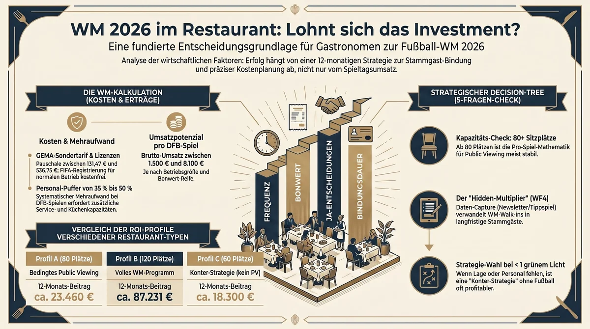 WM 2026 Investment-Entscheidung Infografik für Gastronomen: Kosten und Erträge in Bandbreiten, ROI-Vergleich drei Restaurantprofile, strategischer 5-Fragen-Check