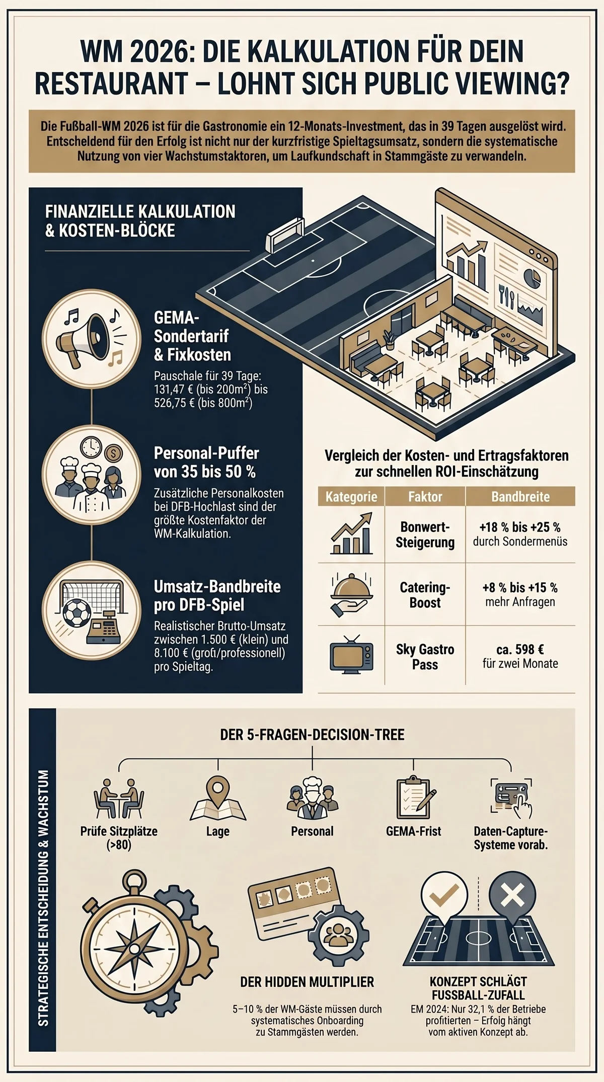 WM 2026 Kalkulation Infografik: Lohnt sich Public Viewing? GEMA-Sondertarif, Personal-Puffer, 5-Fragen-Decision-Tree und Hidden Multiplier für Restaurants