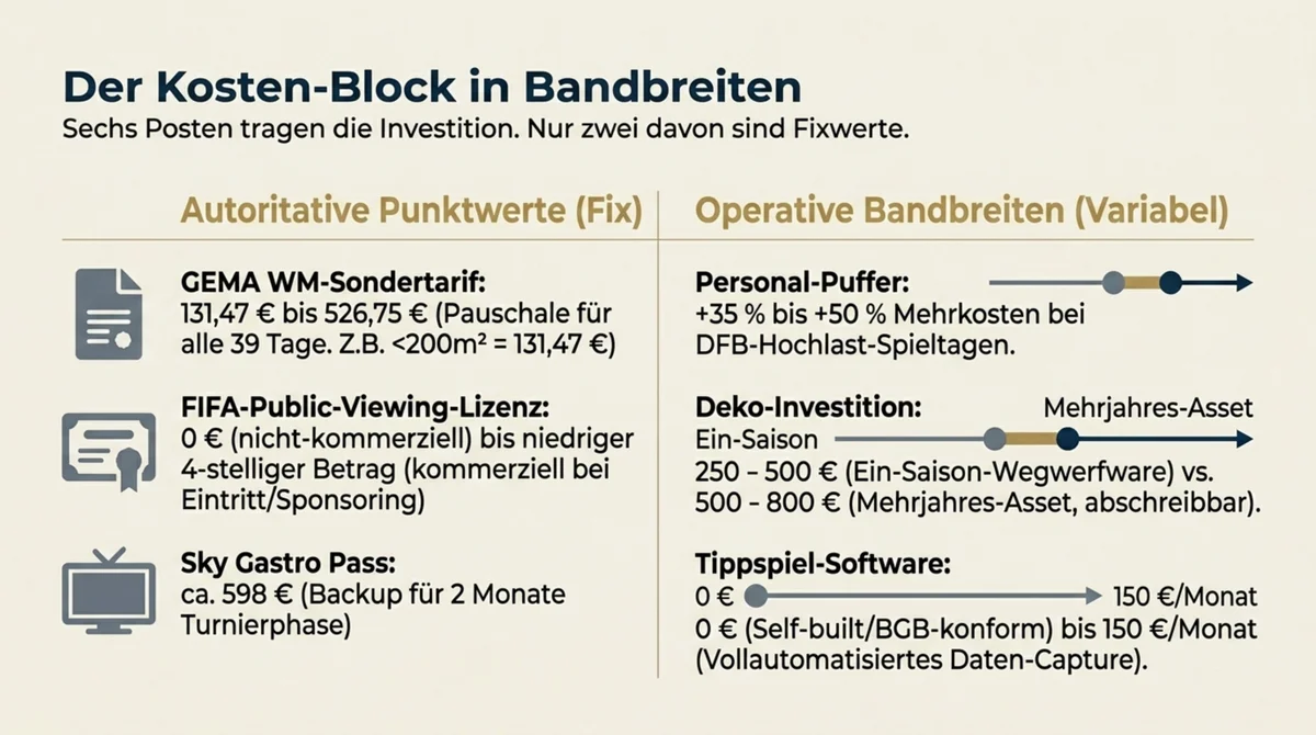 Der WM 2026 Kosten-Block in Bandbreiten: GEMA-Sondertarif 131,47 bis 526,75 Euro, Personal-Pufferaufschlag 35 bis 50 Prozent, Deko und Tippspiel-Software