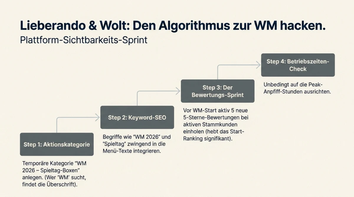 Lieferando und Wolt Sichtbarkeit zur WM 2026: Aktionskategorie, Keyword-SEO, Bewertungs-Sprint und Betriebszeiten-Check