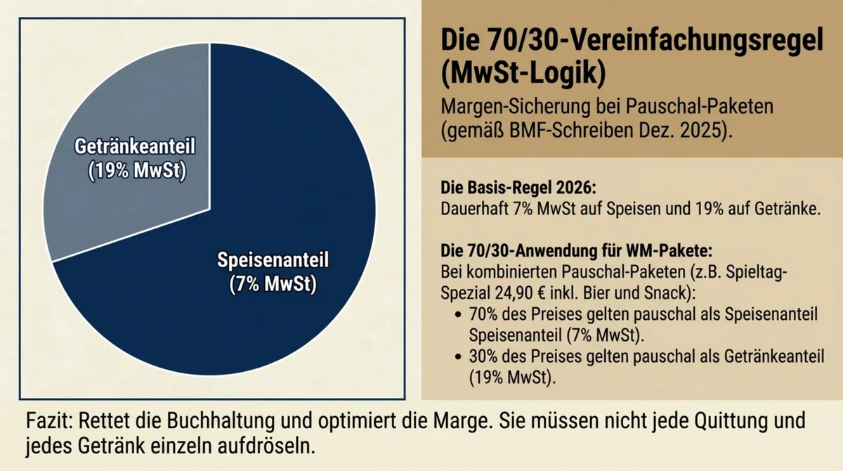 MwSt 2026 70/30-Vereinfachungsregel für WM-Pauschalpreise: 70 Prozent Speisen mit 7 Prozent, 30 Prozent Getränke mit 19 Prozent MwSt