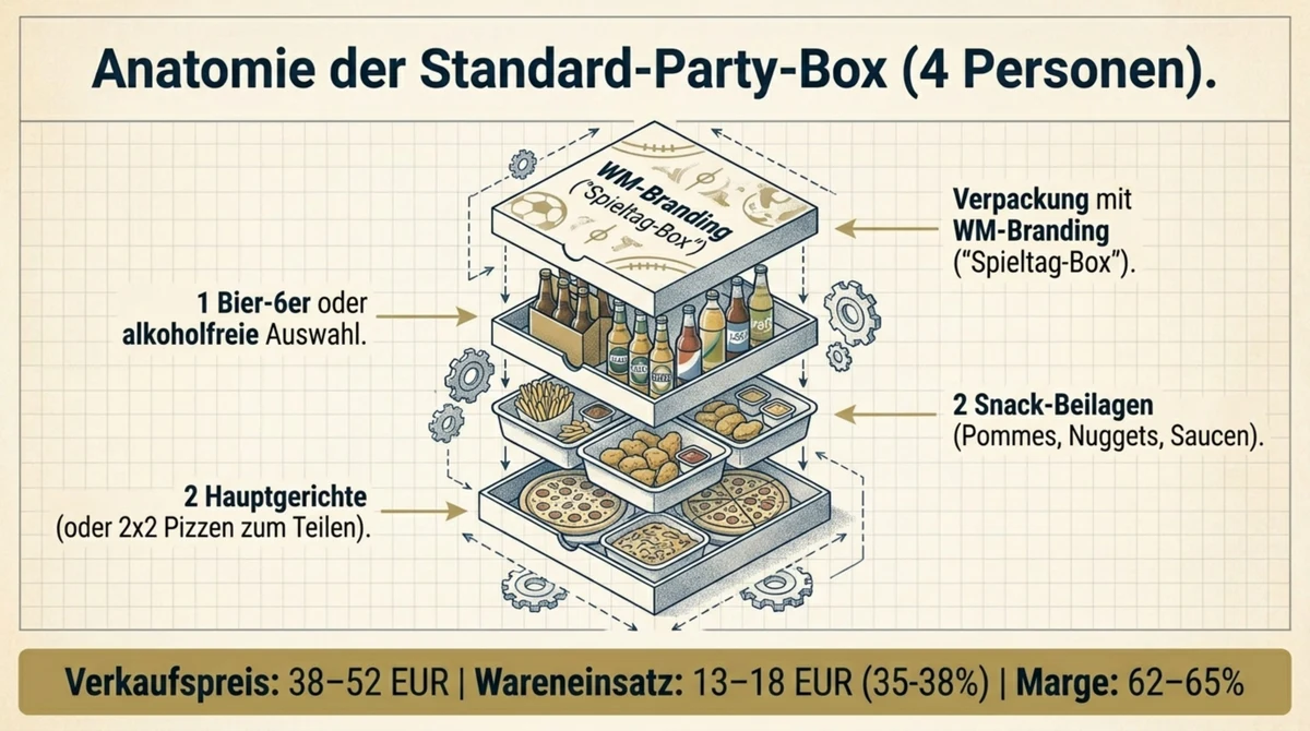 Anatomie der WM-Party-Box für 4 Personen: Inhalt, Wareneinsatz und Marge einer Standard-Box