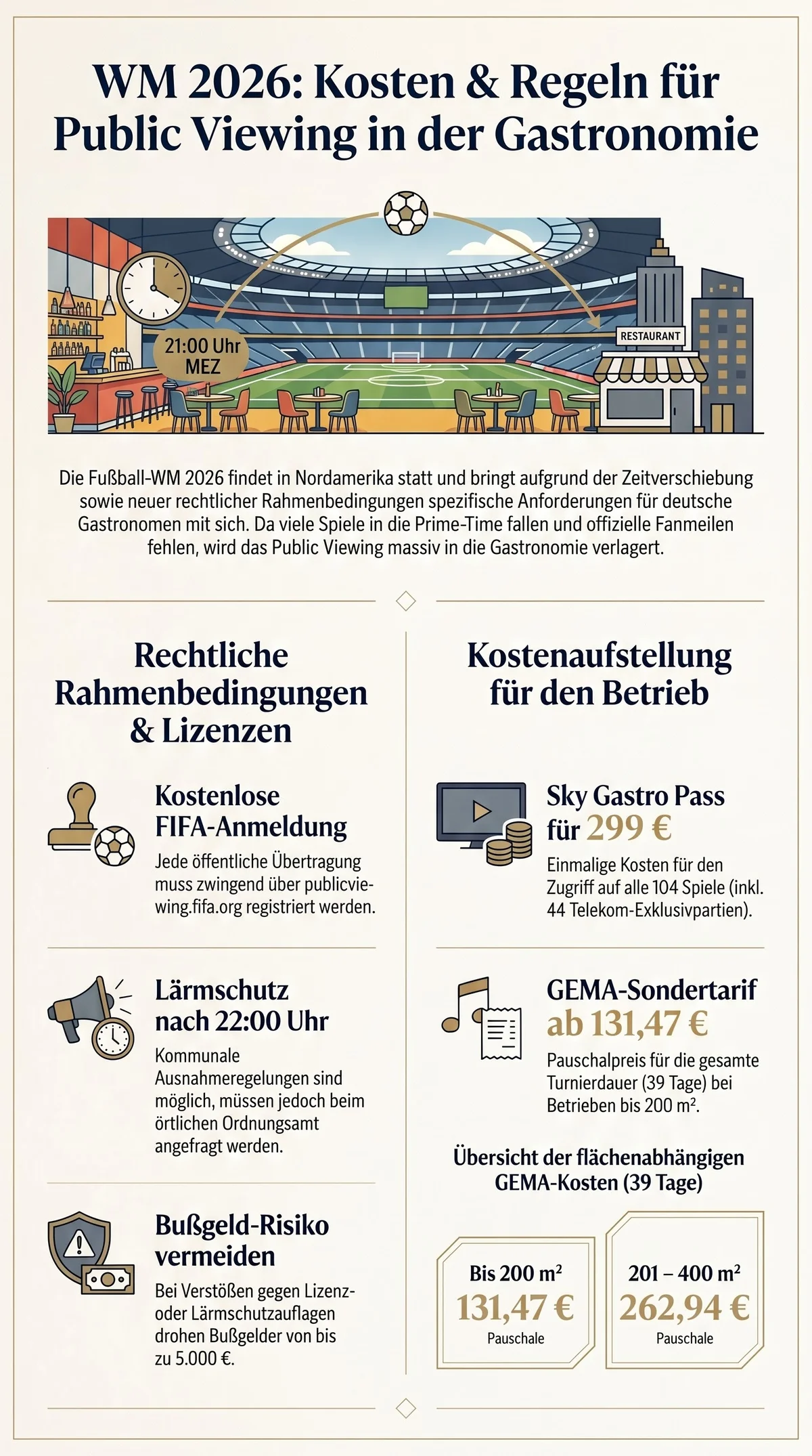 Public Viewing Restaurant WM 2026: Lizenzen und Kosten im Überblick – GEMA-Sondertarif, Sky Gastro Pass, Lärmschutz und Bußgeld-Risiko