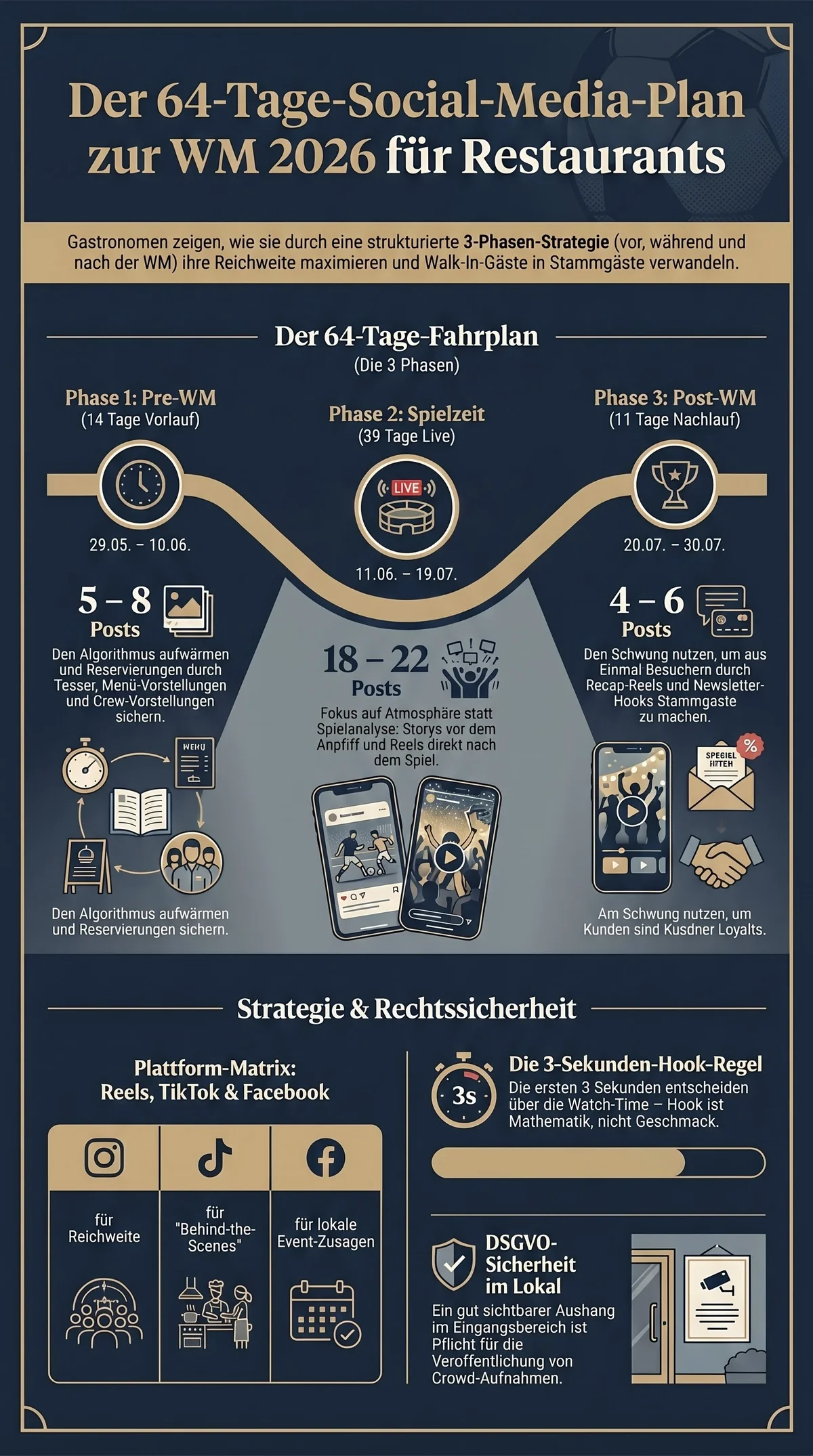 Der 64-Tage-Social-Media-Plan zur WM 2026 für Restaurants: Pre-WM, Spielzeit und Post-WM im Überblick mit Plattform-Matrix und DSGVO-Hinweisen