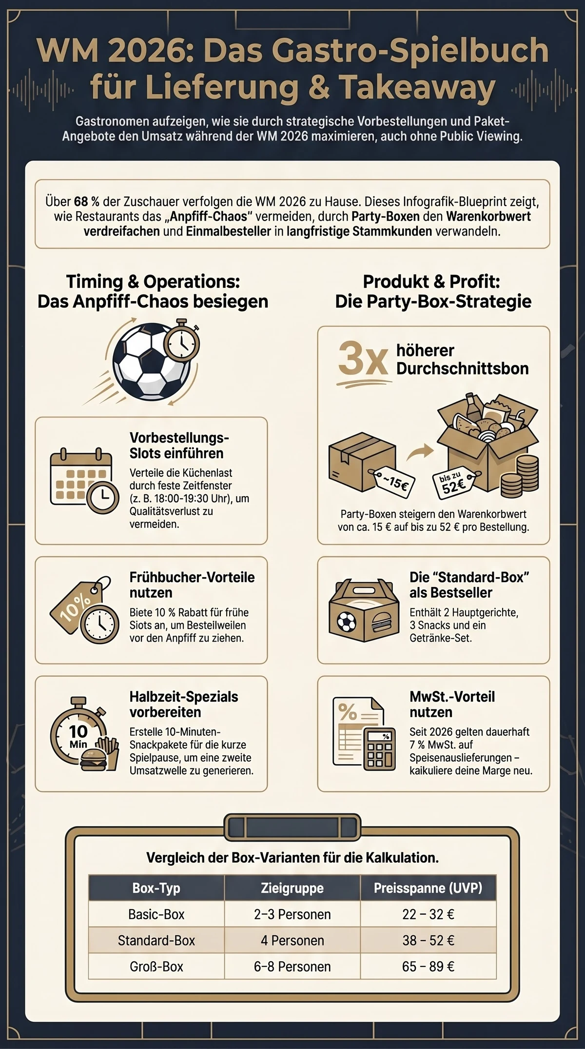 WM 2026 Infografik Gastro-Spielbuch: Timing, Party-Box-Varianten und Vorbestellungs-Strategie für Lieferung und Takeaway