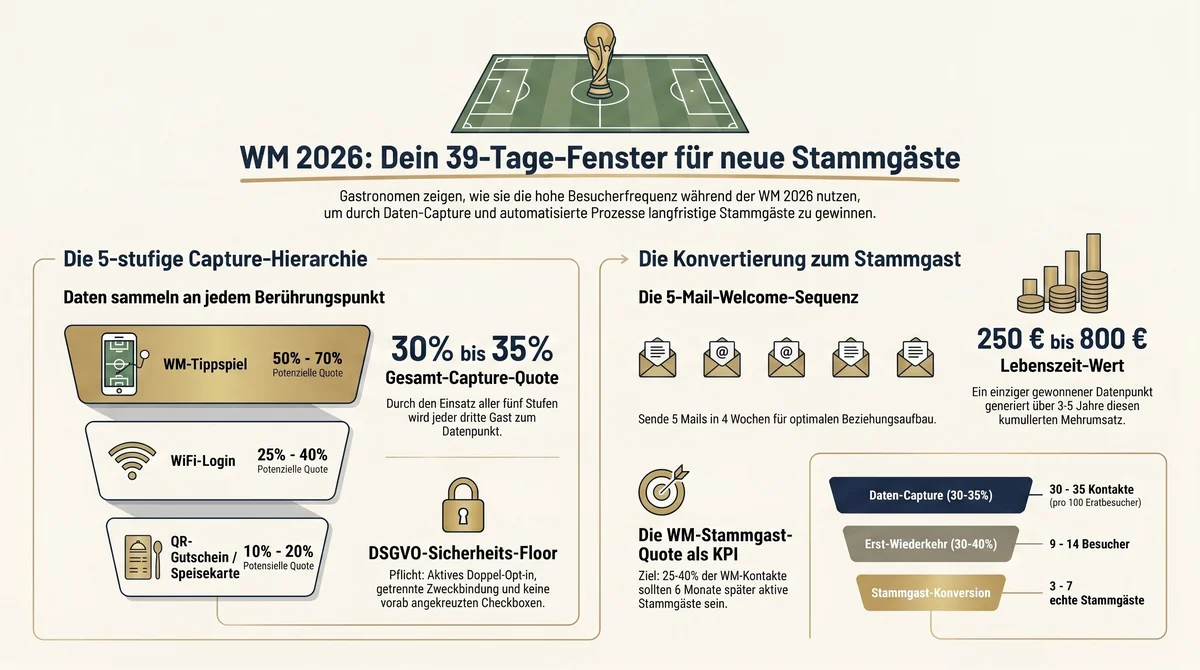 WM 2026 Stammgäste-Infografik: 5-stufige Capture-Hierarchie mit Quoten, 5-Mail-Welcome-Sequenz, Konvertierungs-Trichter 30–35 Kontakte, 9–14 Wiederkehrer, 3–7 echte Stammgäste und 250–800 Euro Lebenszeit-Wert