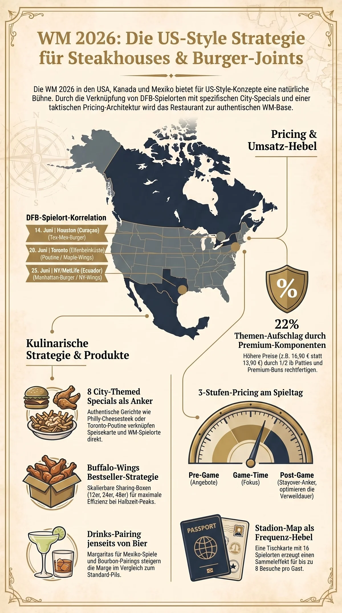 WM 2026 US-Style-Strategie Infografik für Steakhouses und Burger-Joints – DFB-Spielorte Pricing Wings Drinks