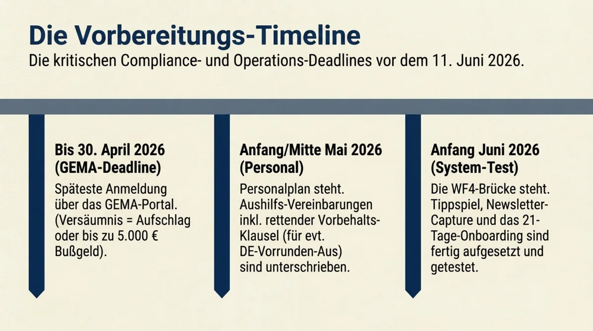 WM 2026 Vorbereitungs-Timeline: GEMA-Anmeldung bis 30. April 2026, Personal-Plan bis Mitte Mai 2026, WF4-System-Test bis Anfang Juni 2026