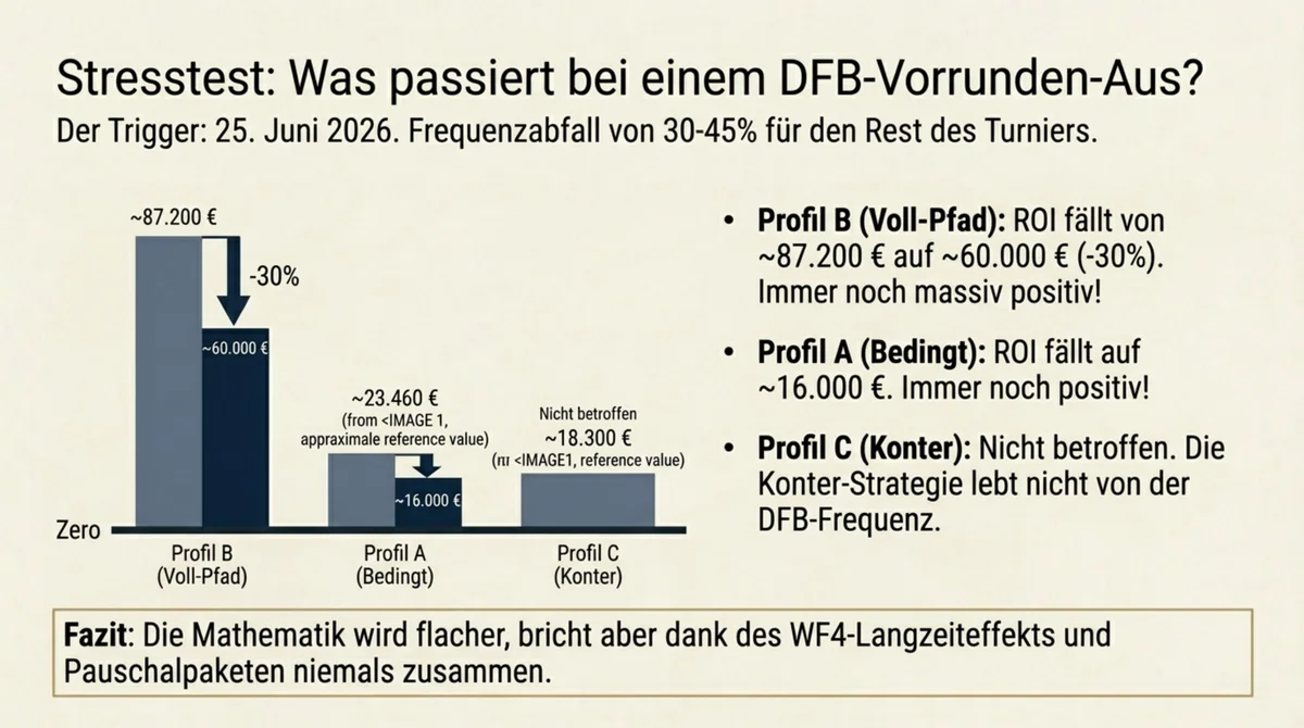 WM 2026 Stresstest Vorrunden-Aus: ROI-Korrektur minus 25 bis 35 Prozent – Profil B fällt auf 56.000 bis 65.400 Euro, Profil A auf 15.000 bis 17.500 Euro