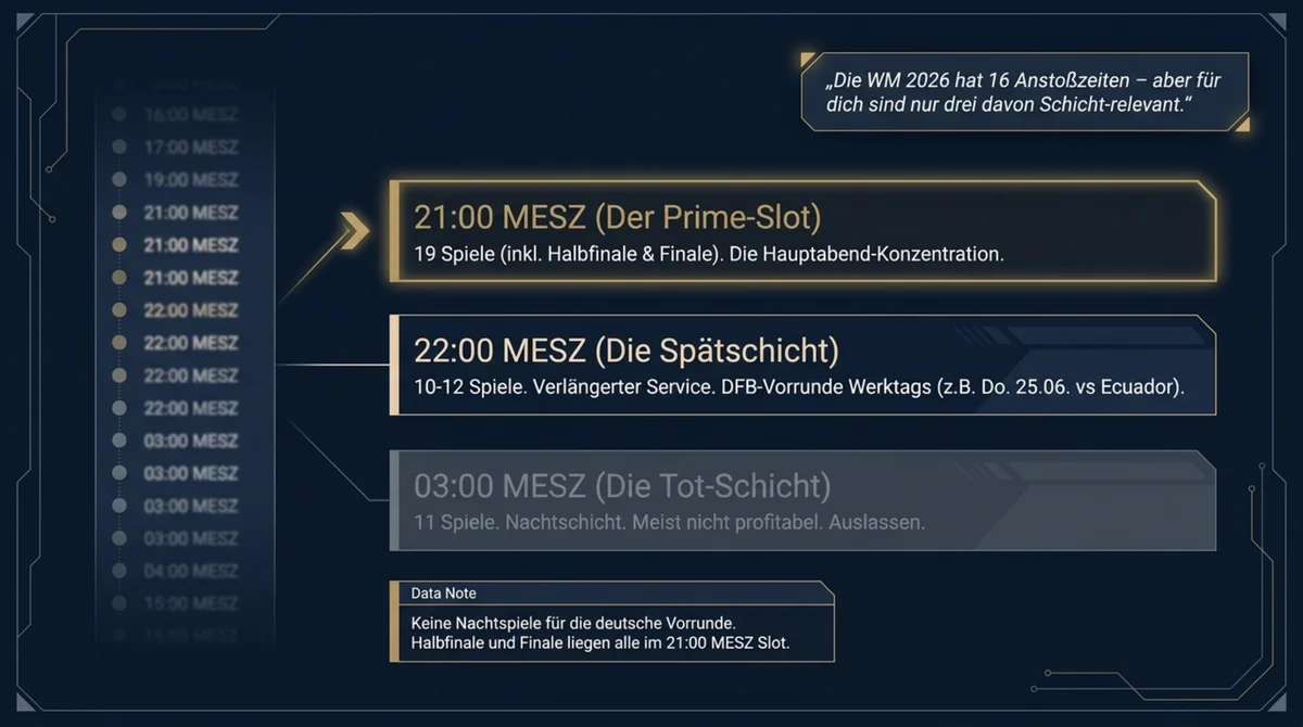 WM 2026 Anstoßzeiten: Die drei Schicht-Realitäten 21:00 MESZ Prime-Slot, 22:00 MESZ Spätschicht, 03:00 MESZ Nacht