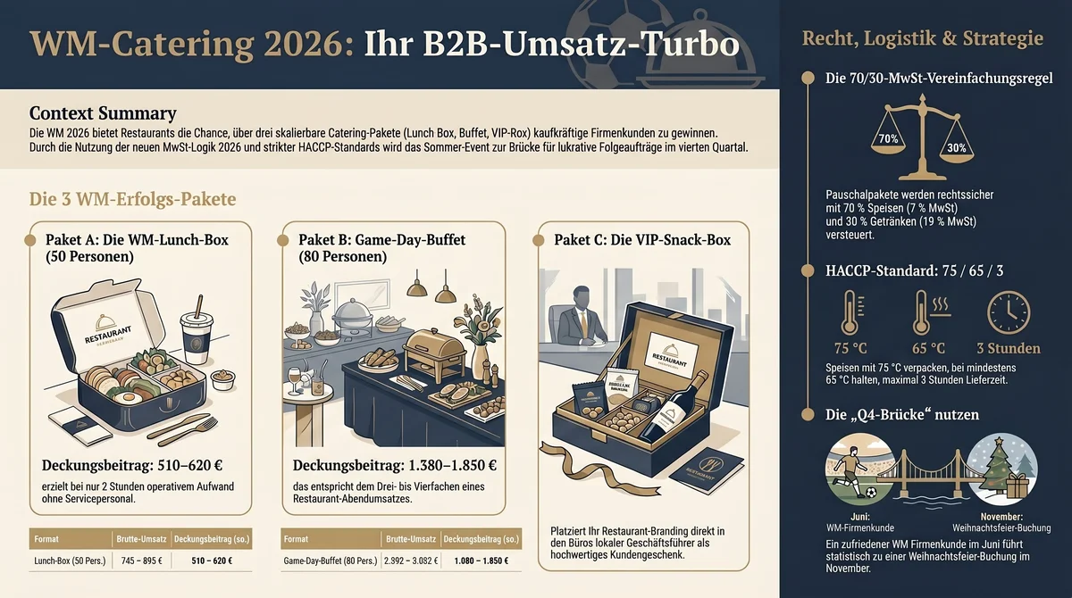 WM-Catering 2026: Drei B2B-Pakete mit Deckungsbeiträgen, MwSt-70/30-Regel und Q4-Brücke im Überblick