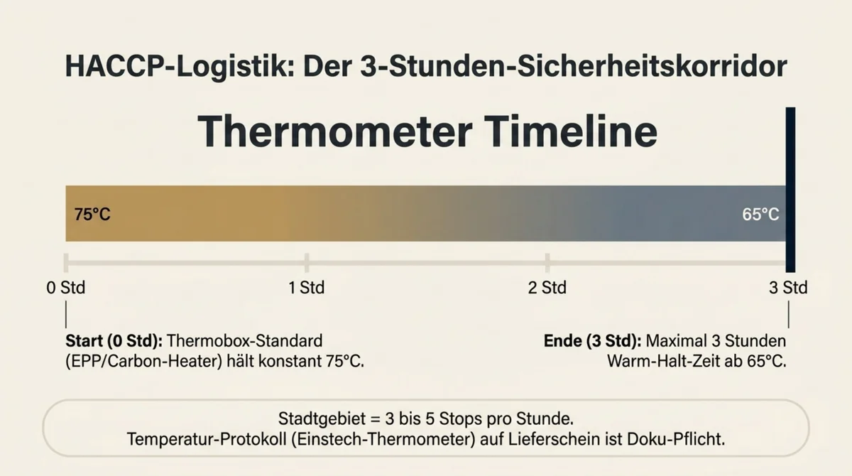 HACCP-Logistik: Thermometer-Timeline zeigt Thermobox-Start bei 75 Grad und 3-Stunden-Sicherheitskorridor bis 65 Grad