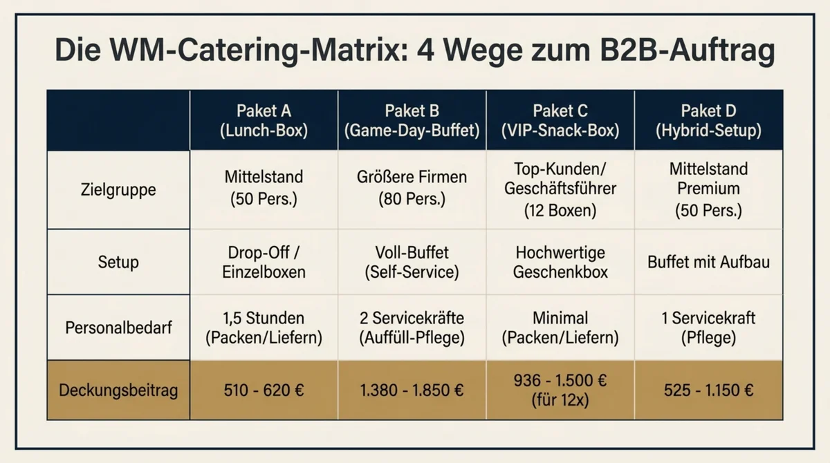 WM-Catering-Matrix: Vier Pakete mit Zielgruppe, Setup, Personalschlüssel und Deckungsbeitrag im Vergleich