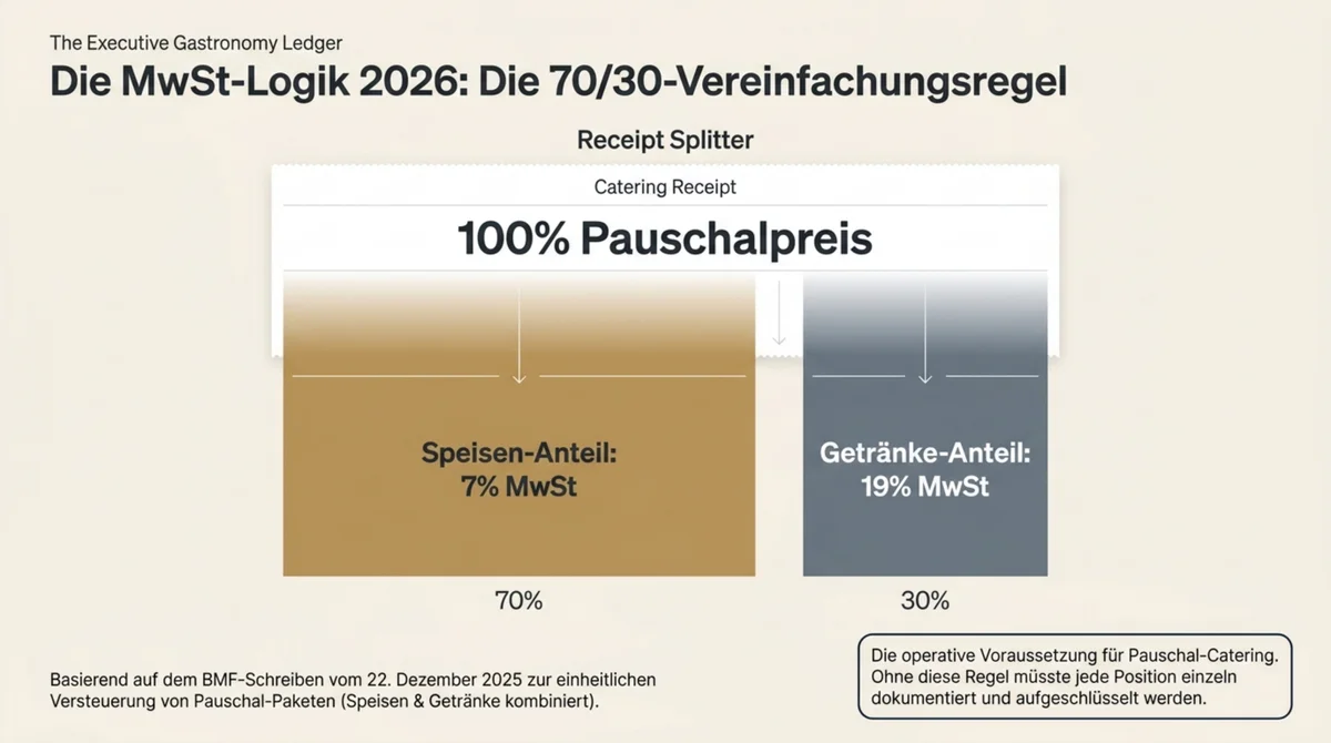 MwSt-Logik 2026: 70/30-Vereinfachungsregel für Pauschal-Catering, 70 Prozent Speisen 7 Prozent MwSt, 30 Prozent Getränke 19 Prozent MwSt