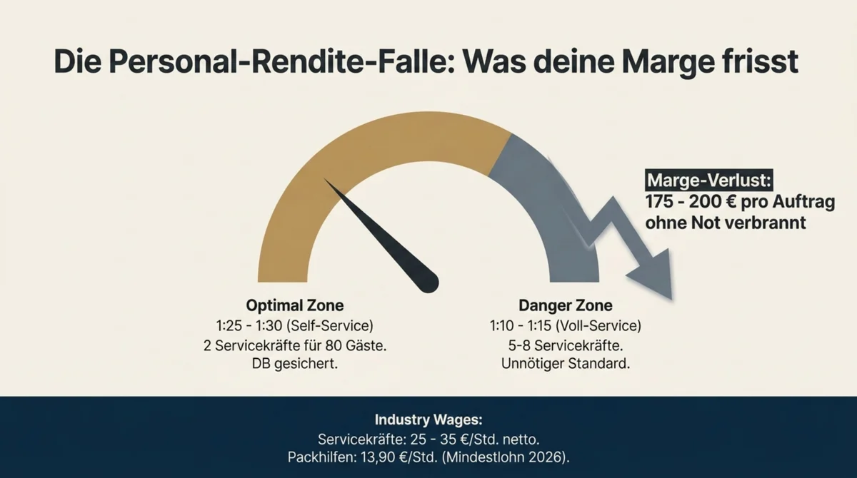 Personal-Rendite-Falle: Optimal-Zone 1:25-30 Servicekraft für Self-Service-Buffet versus Danger-Zone 1:10-15 mit 175 bis 200 Euro Marge-Verlust